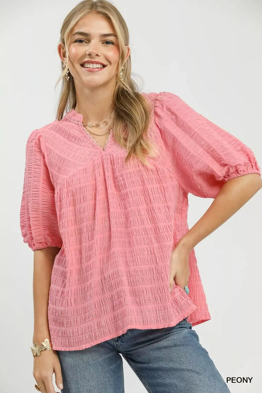 Umgee Textured Puff Sleeve Blouse - Bitsy Gypsy Boutique