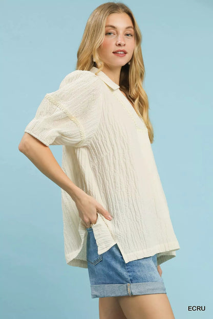Umgee Textured Puff Sleeve Blouse - Bitsy Gypsy Boutique