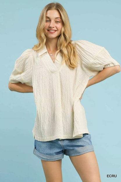 Umgee Textured Puff Sleeve Blouse - Bitsy Gypsy Boutique
