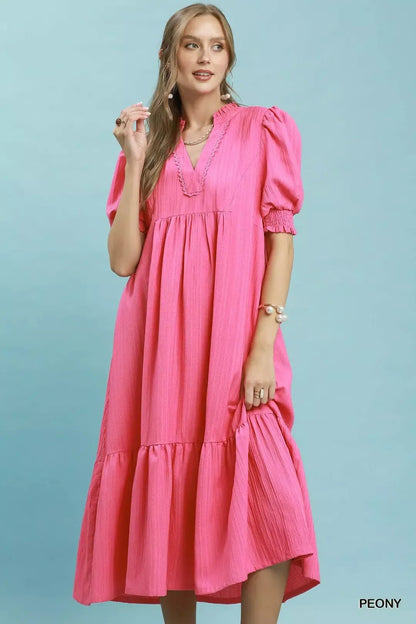 Umgee Textured Puff Sleeve Midi Dress - Bitsy Gypsy Boutique