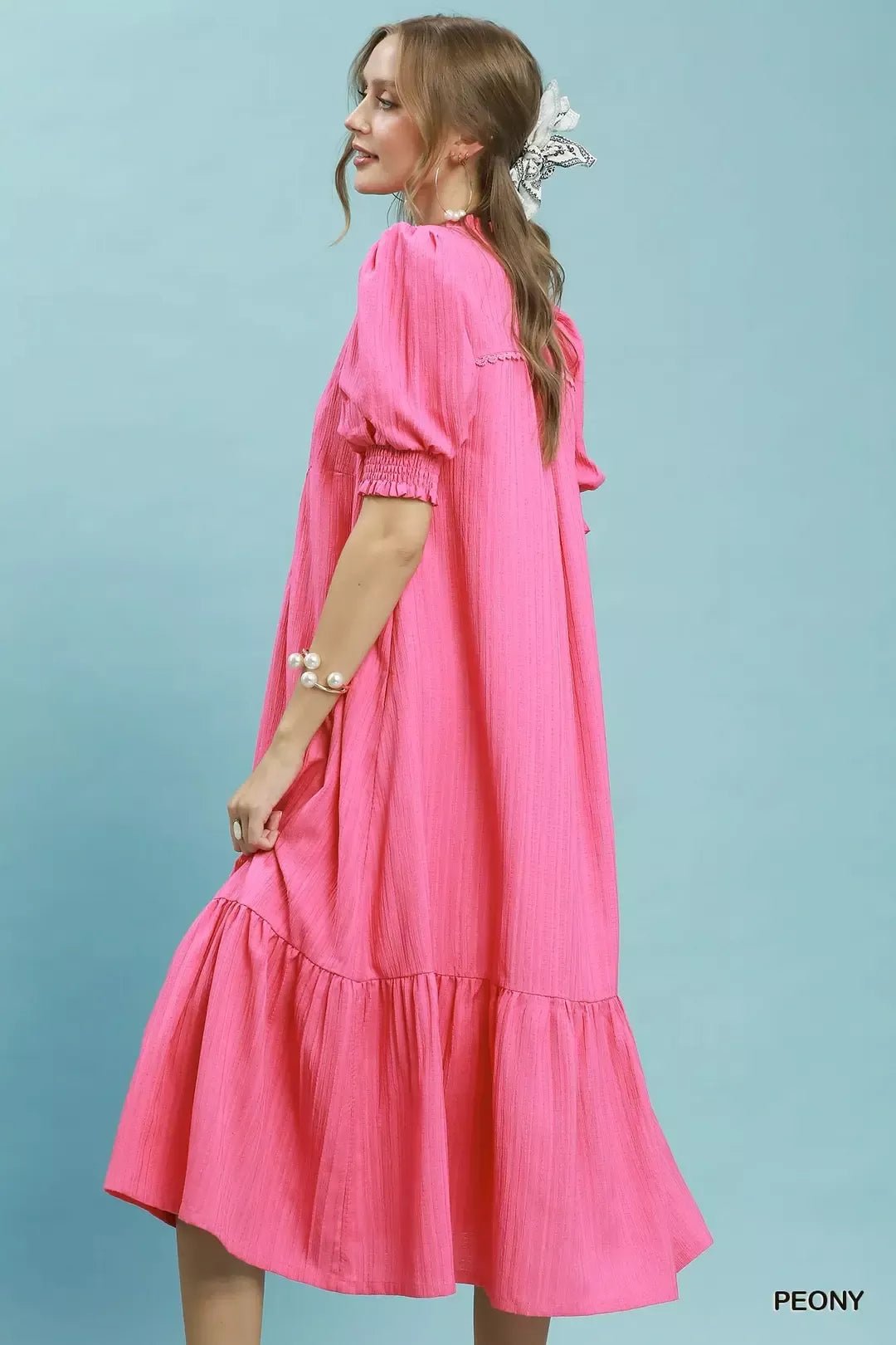 Umgee Textured Puff Sleeve Midi Dress - Bitsy Gypsy Boutique