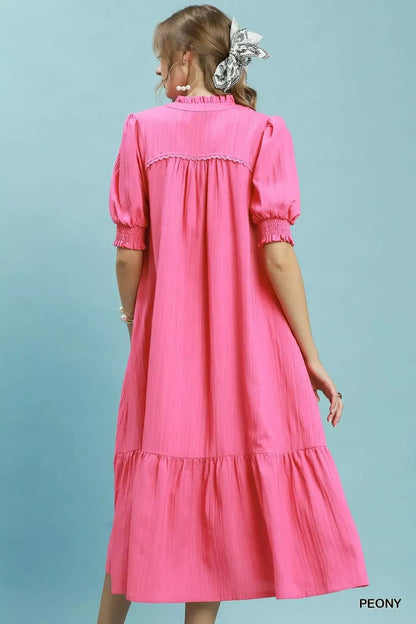 Umgee Textured Puff Sleeve Midi Dress - Bitsy Gypsy Boutique