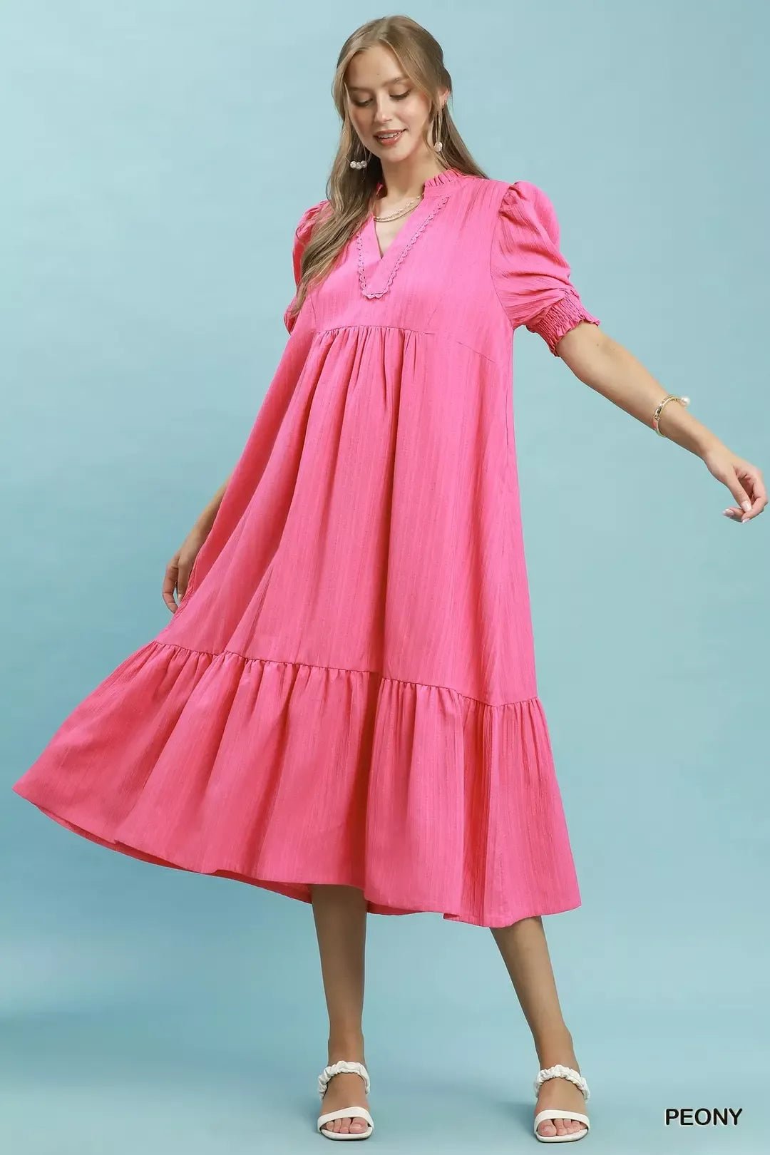 Umgee Textured Puff Sleeve Midi Dress - Bitsy Gypsy Boutique