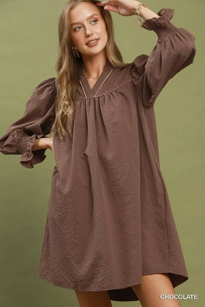 Umgee Textured Puff Sleeve Mini Dress - Bitsy Gypsy Boutique