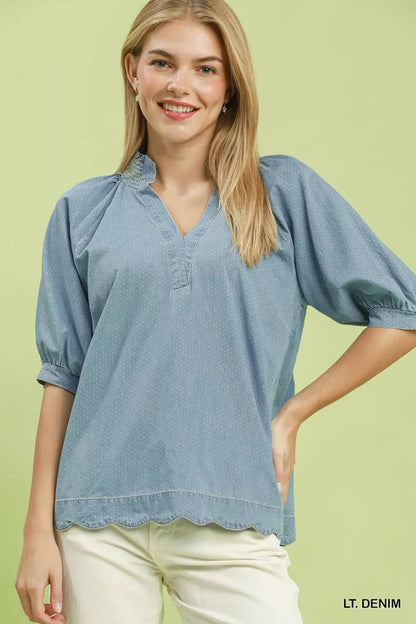 Umgee Textured Puff Sleeve Scallop Hem Blouse - Bitsy Gypsy Boutique