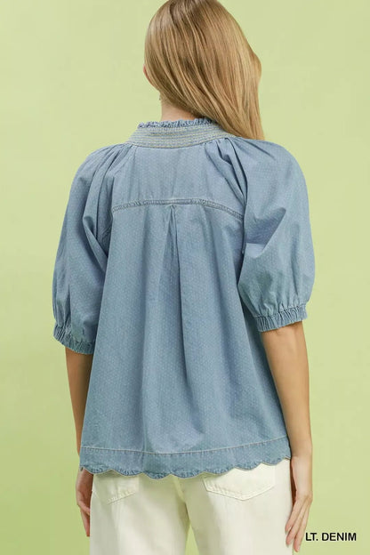 Umgee Textured Puff Sleeve Scallop Hem Blouse - Bitsy Gypsy Boutique