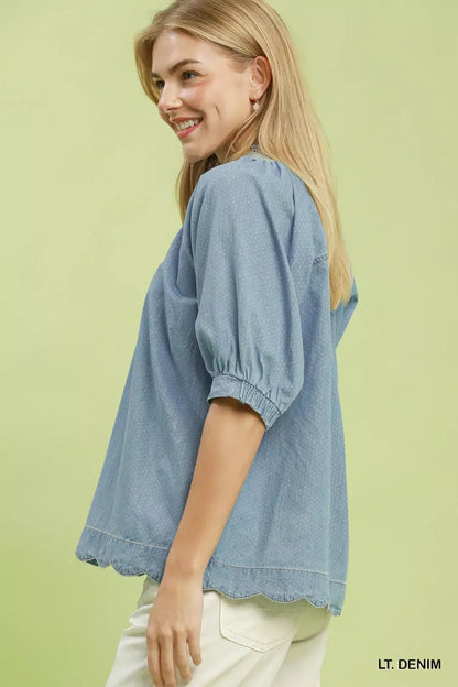 Umgee Textured Puff Sleeve Scallop Hem Blouse - Bitsy Gypsy Boutique