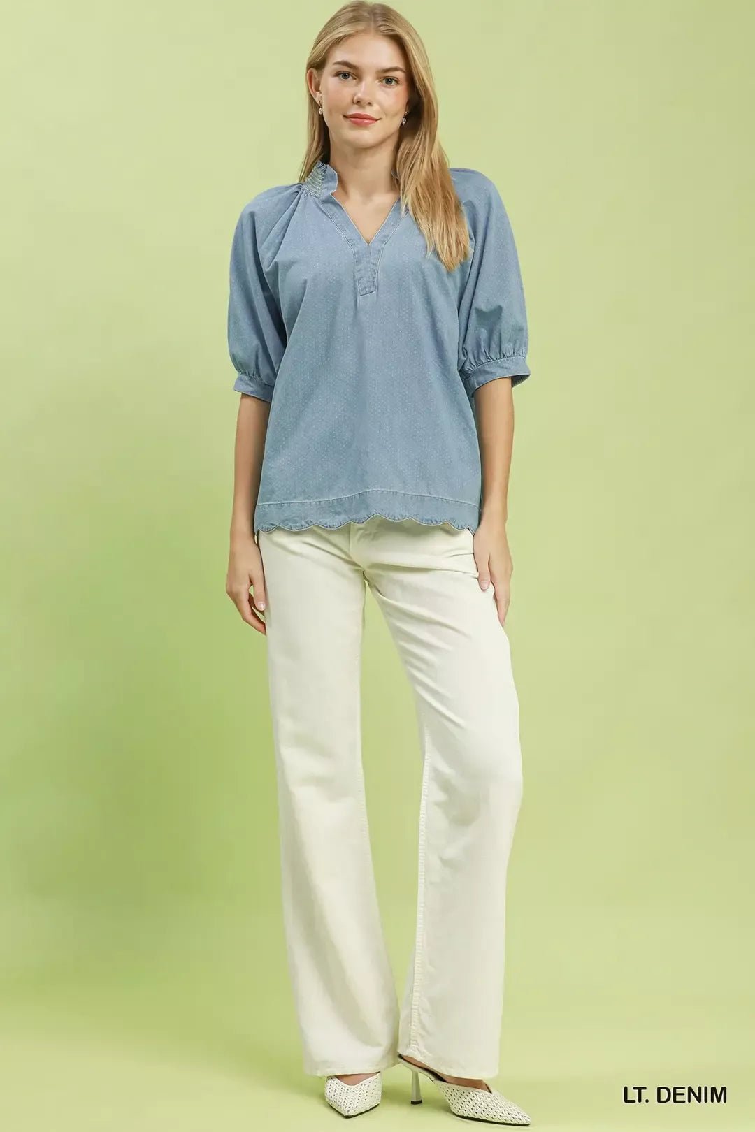 Umgee Textured Puff Sleeve Scallop Hem Blouse - Bitsy Gypsy Boutique