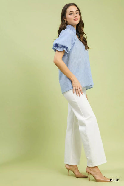 Umgee Textured Puff Sleeve Split Neck Top - Bitsy Gypsy Boutique