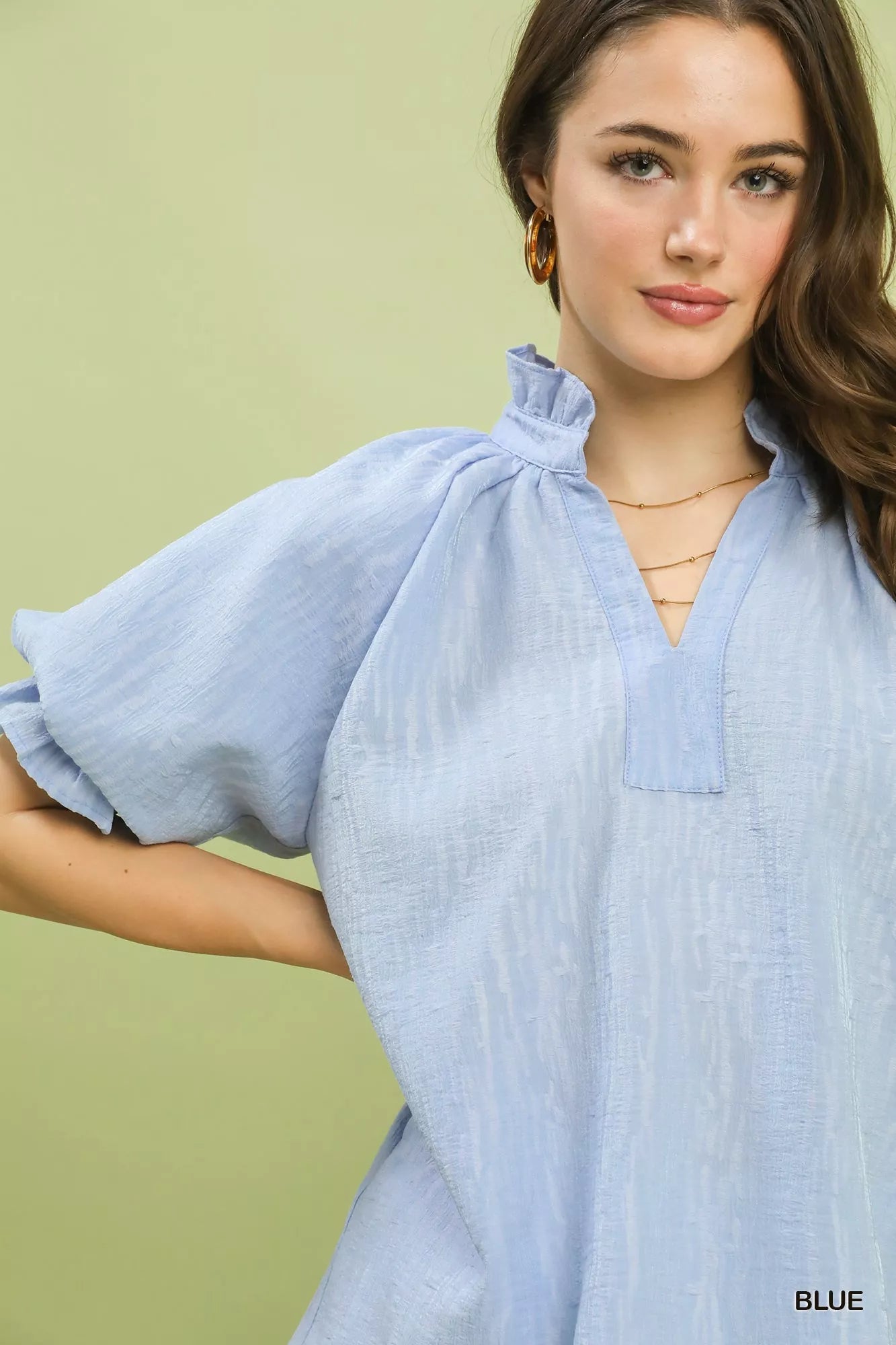 Umgee Textured Puff Sleeve Split Neck Top - Bitsy Gypsy Boutique