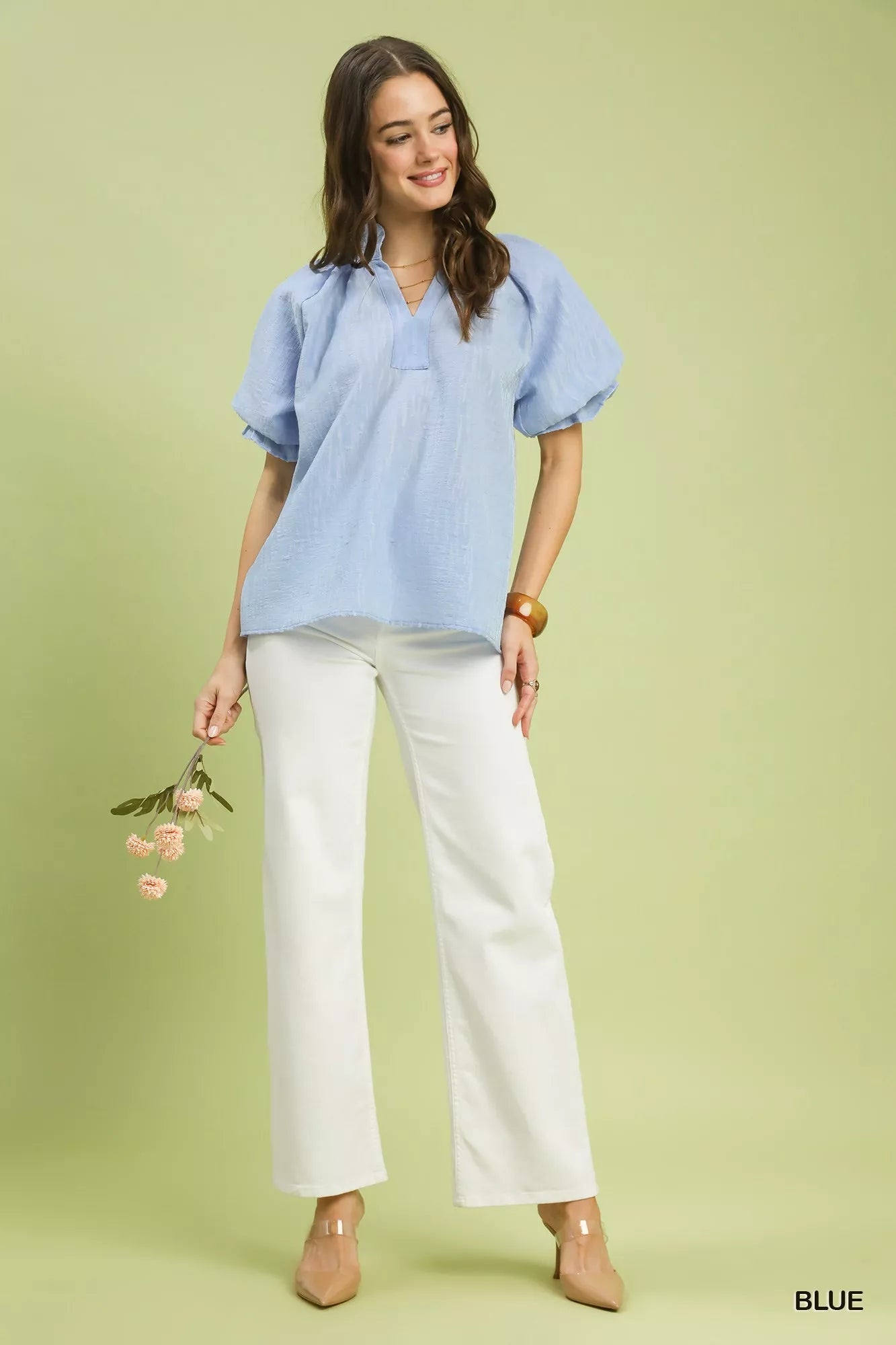 Umgee Textured Puff Sleeve Split Neck Top - Bitsy Gypsy Boutique