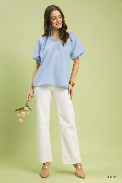 Umgee Textured Puff Sleeve Split Neck Top - Bitsy Gypsy Boutique