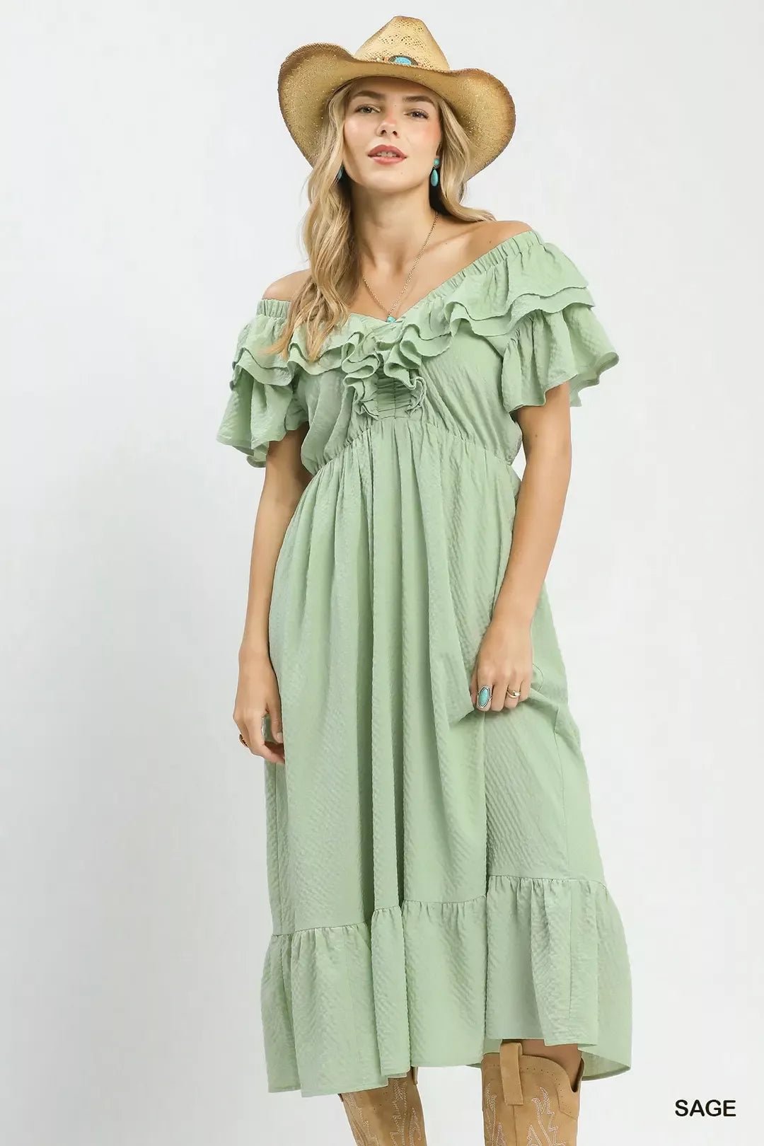 Umgee Textured Ruffle Midi Dress - Bitsy Gypsy Boutique