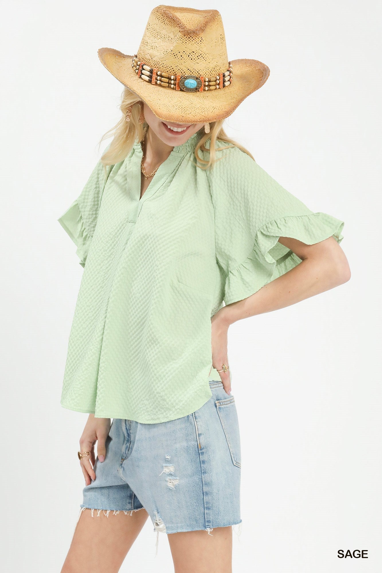Umgee Textured Ruffle Sleeve Blouse - Bitsy Gypsy Boutique