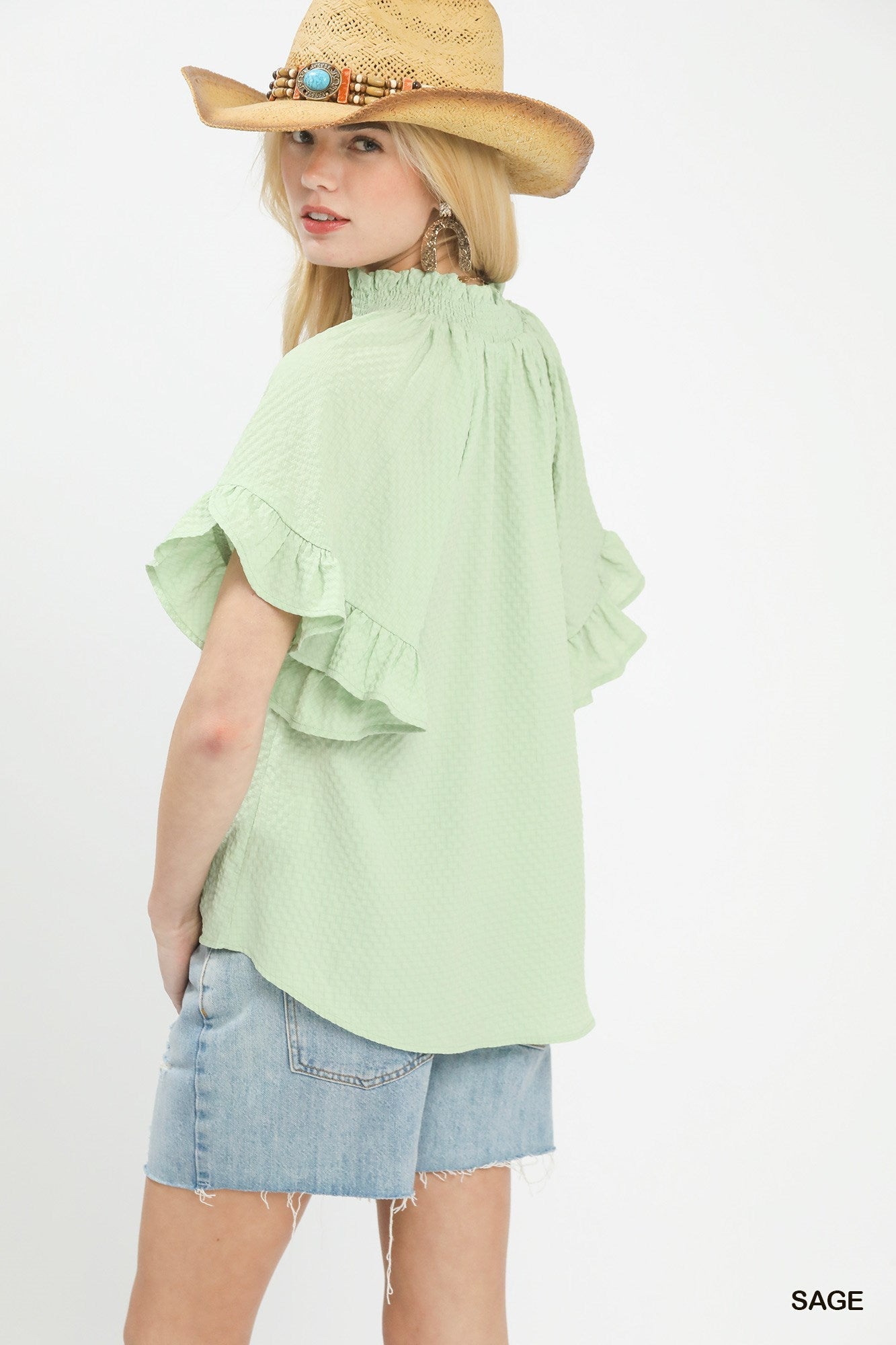 Umgee Textured Ruffle Sleeve Blouse - Bitsy Gypsy Boutique