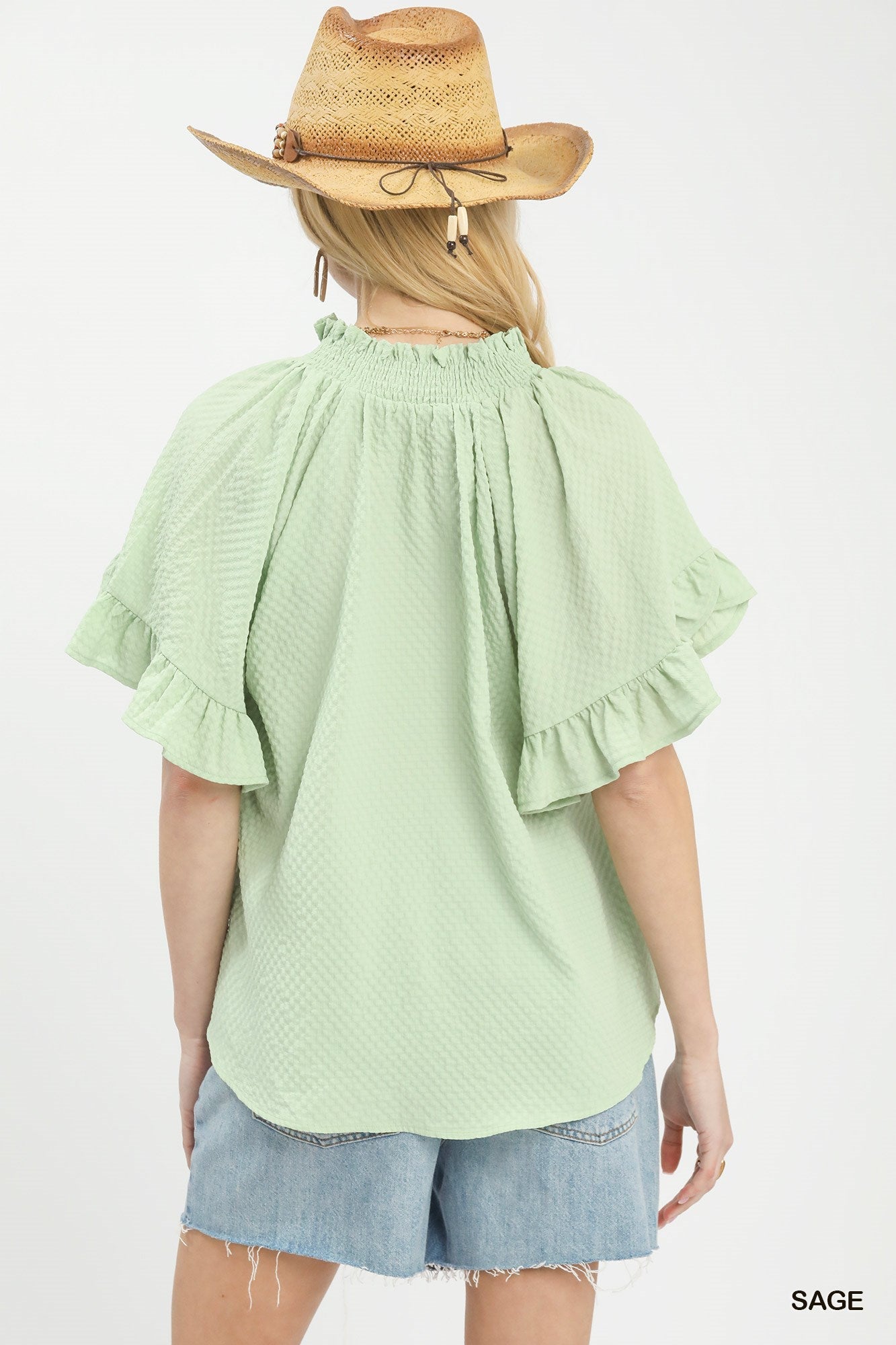 Umgee Textured Ruffle Sleeve Blouse - Bitsy Gypsy Boutique