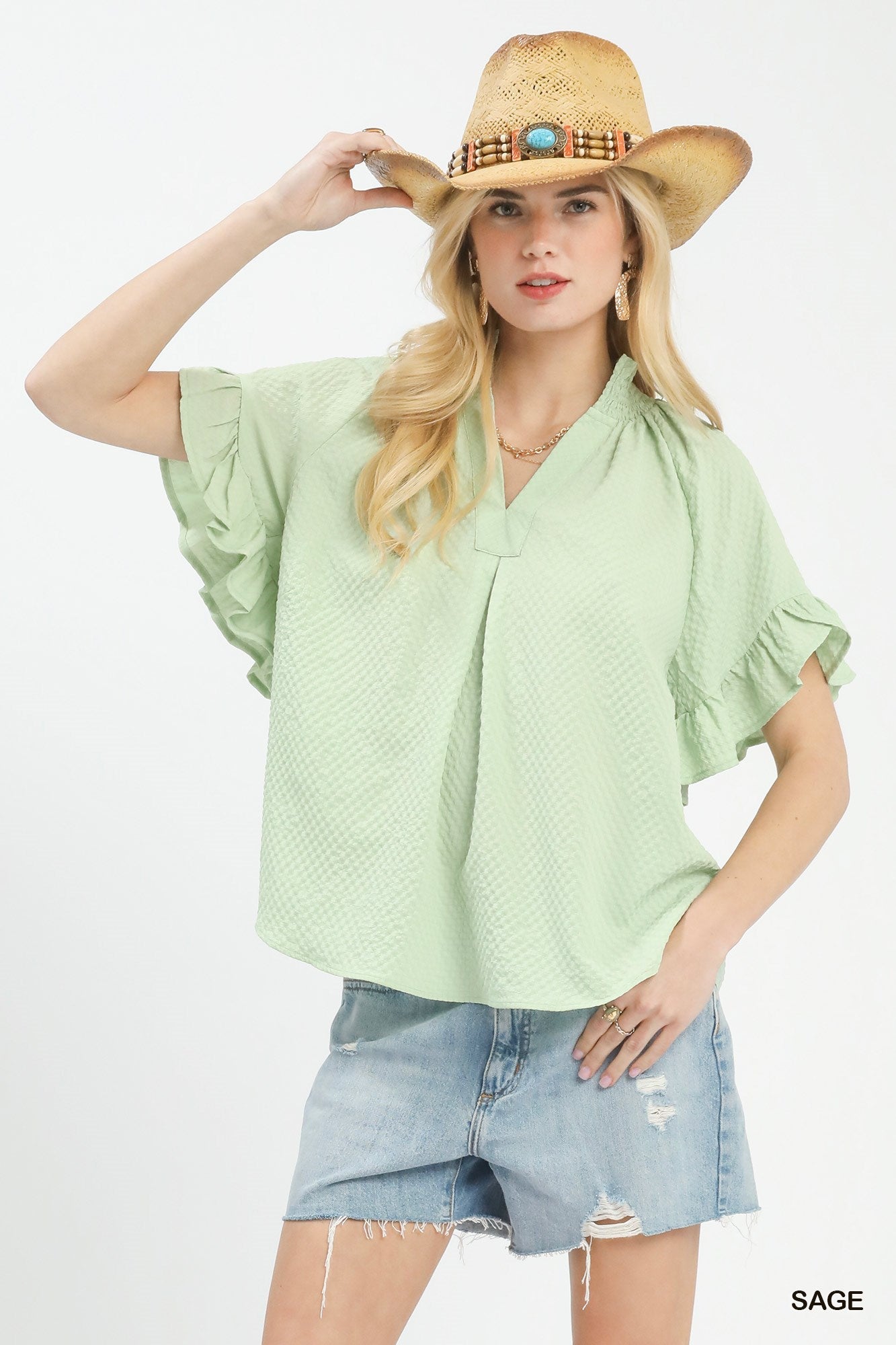 Umgee Textured Ruffle Sleeve Blouse - Bitsy Gypsy Boutique