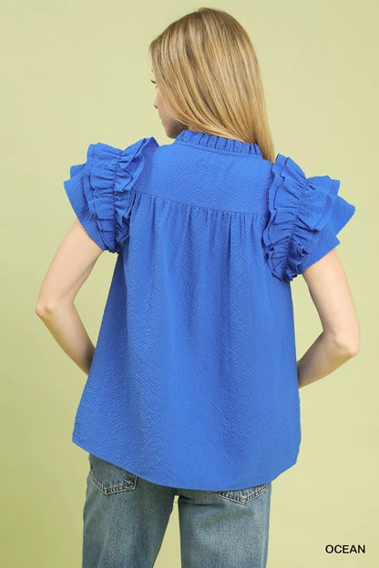 Umgee Textured Ruffle Sleeve Notched Top - Bitsy Gypsy Boutique