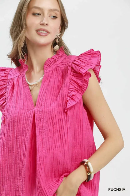 Umgee Textured Ruffle Sleeve Split V Neck Top - Bitsy Gypsy Boutique