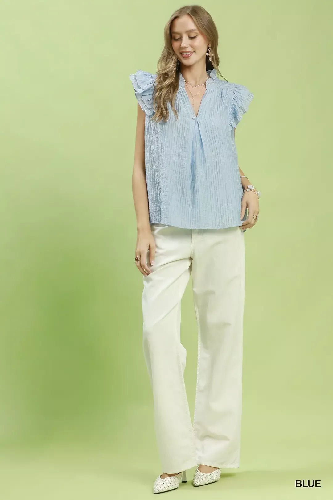 Umgee Textured Ruffle Sleeve Split V Neck Top - Bitsy Gypsy Boutique