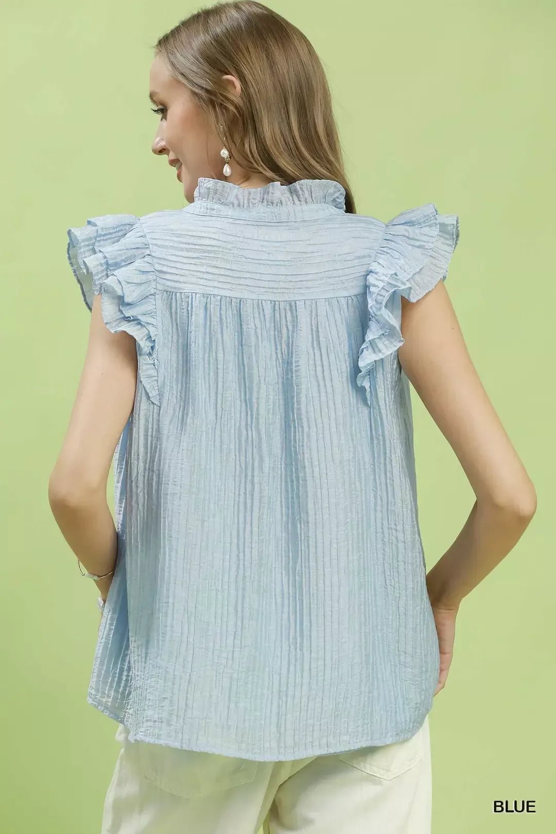 Umgee Textured Ruffle Sleeve Split V Neck Top - Bitsy Gypsy Boutique