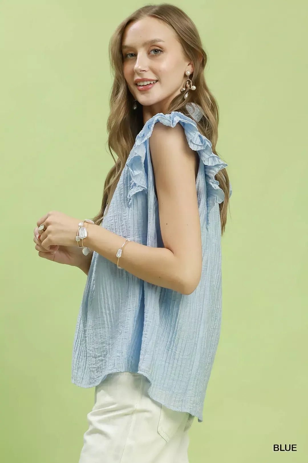 Umgee Textured Ruffle Sleeve Split V Neck Top - Bitsy Gypsy Boutique
