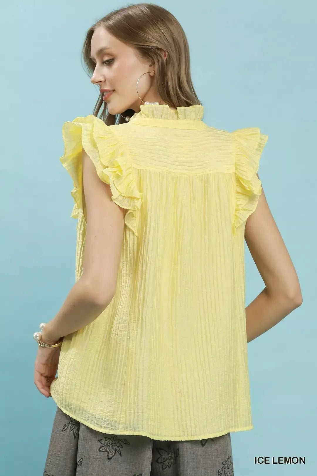 Umgee Textured Ruffle Sleeve Split V Neck Top - Bitsy Gypsy Boutique