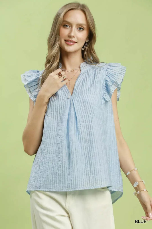 Umgee Textured Ruffle Sleeve Split V Neck Top - Bitsy Gypsy Boutique