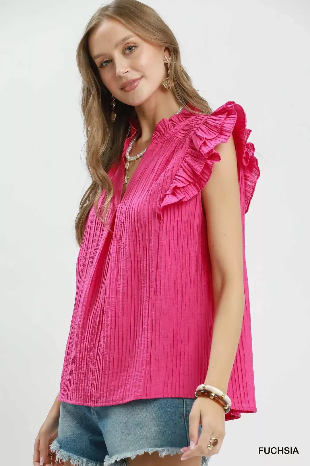 Umgee Textured Ruffle Sleeve Split V Neck Top - Bitsy Gypsy Boutique