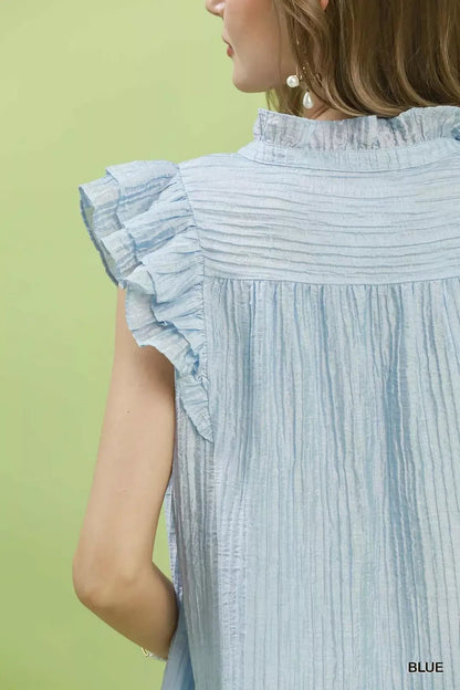 Umgee Textured Ruffle Sleeve Split V Neck Top - Bitsy Gypsy Boutique