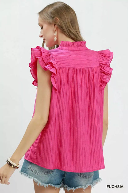 Umgee Textured Ruffle Sleeve Split V Neck Top - Bitsy Gypsy Boutique