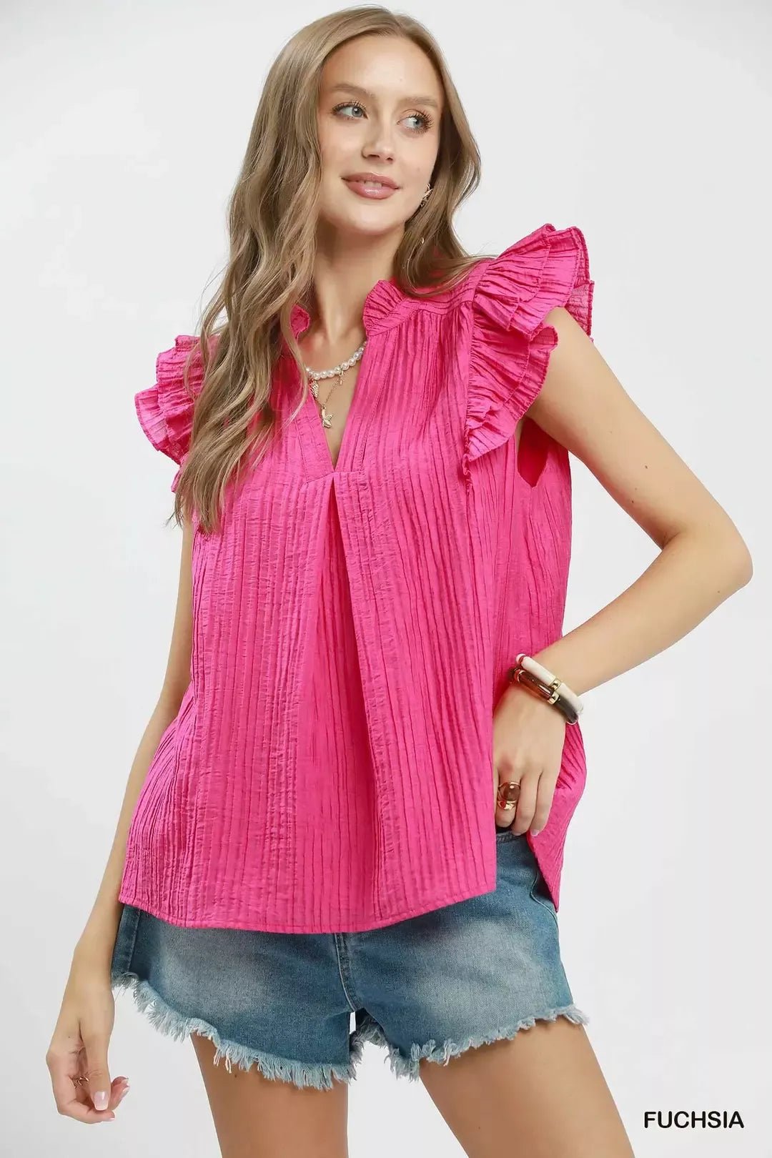 Umgee Textured Ruffle Sleeve Split V Neck Top - Bitsy Gypsy Boutique