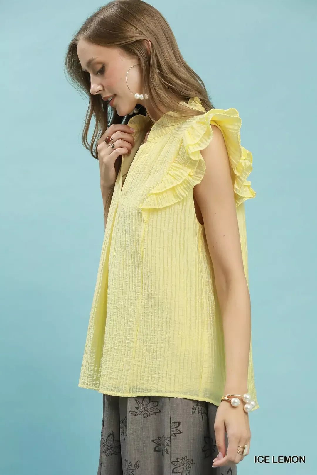 Umgee Textured Ruffle Sleeve Split V Neck Top - Bitsy Gypsy Boutique