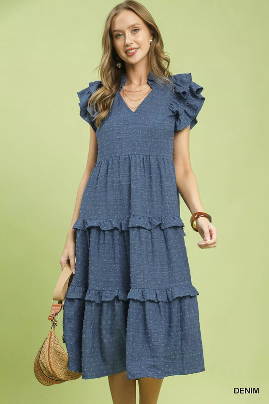 Umgee Textured Ruffle Sleeve Tiered Midi Dress - Bitsy Gypsy Boutique