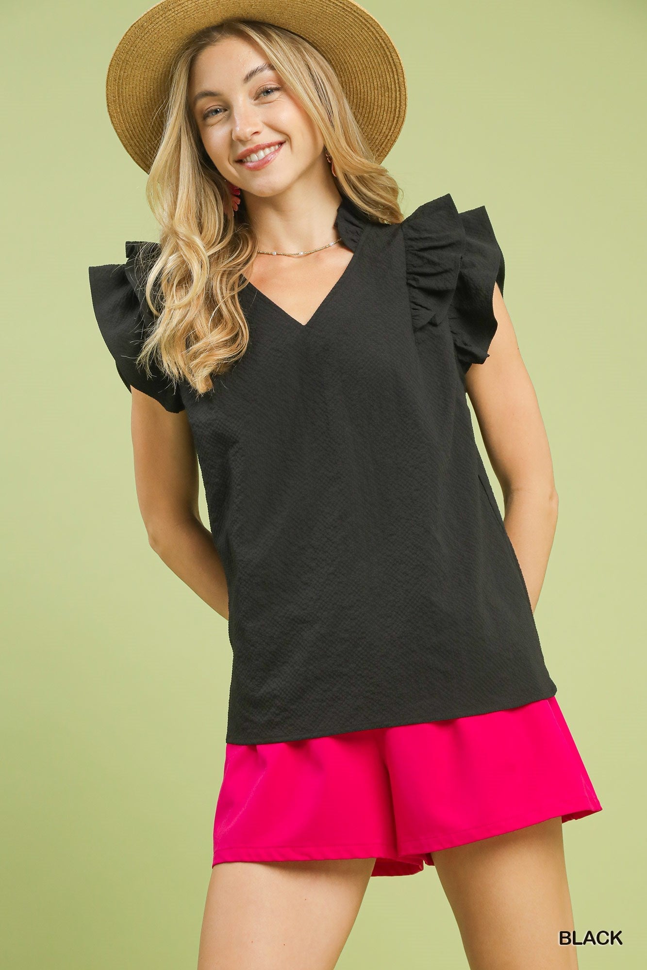 Umgee Textured Ruffle Sleeve V - Neck Blouse - Bitsy Gypsy Boutique