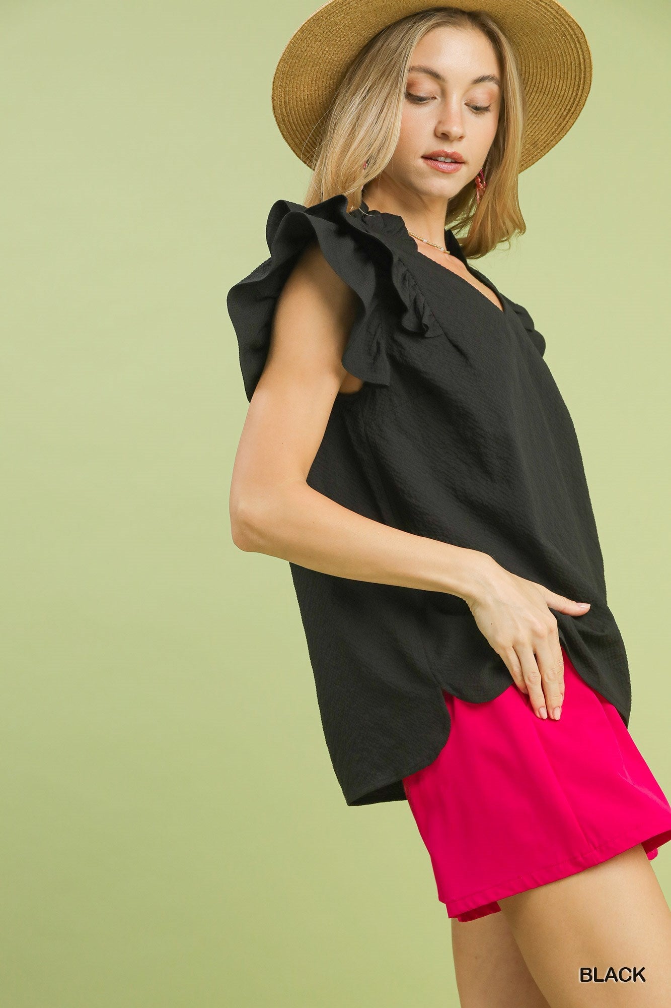 Umgee Textured Ruffle Sleeve V - Neck Blouse - Bitsy Gypsy Boutique