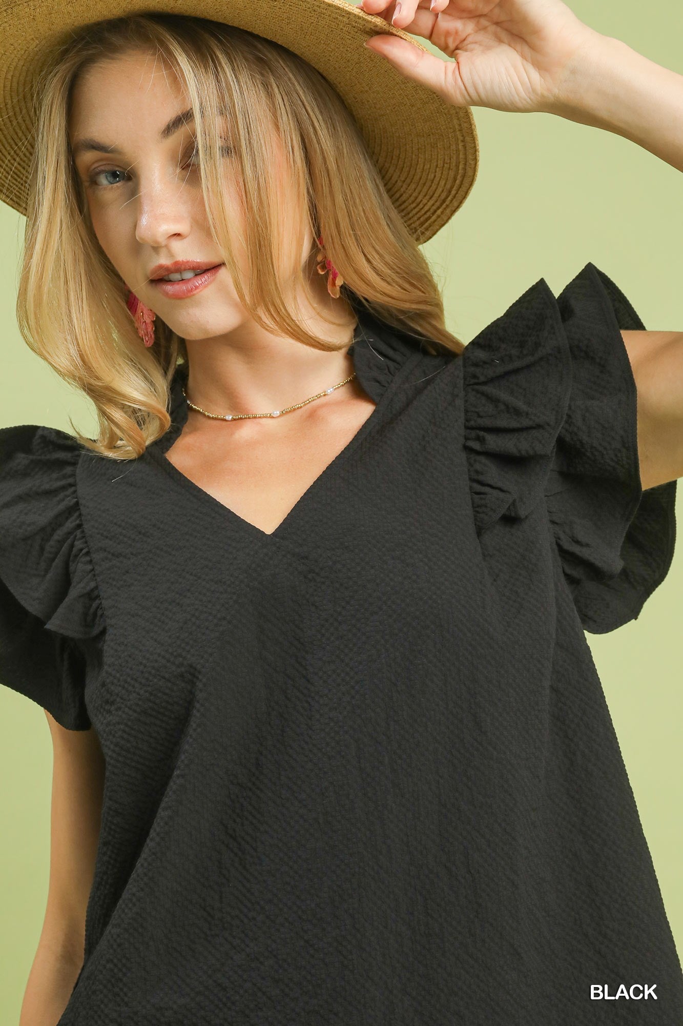 Umgee Textured Ruffle Sleeve V - Neck Blouse - Bitsy Gypsy Boutique