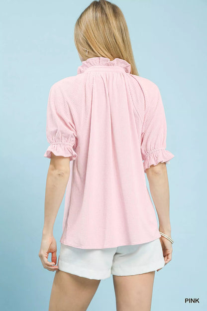 Umgee Textured Ruffle Sleeve V - Neck Top - Bitsy Gypsy Boutique