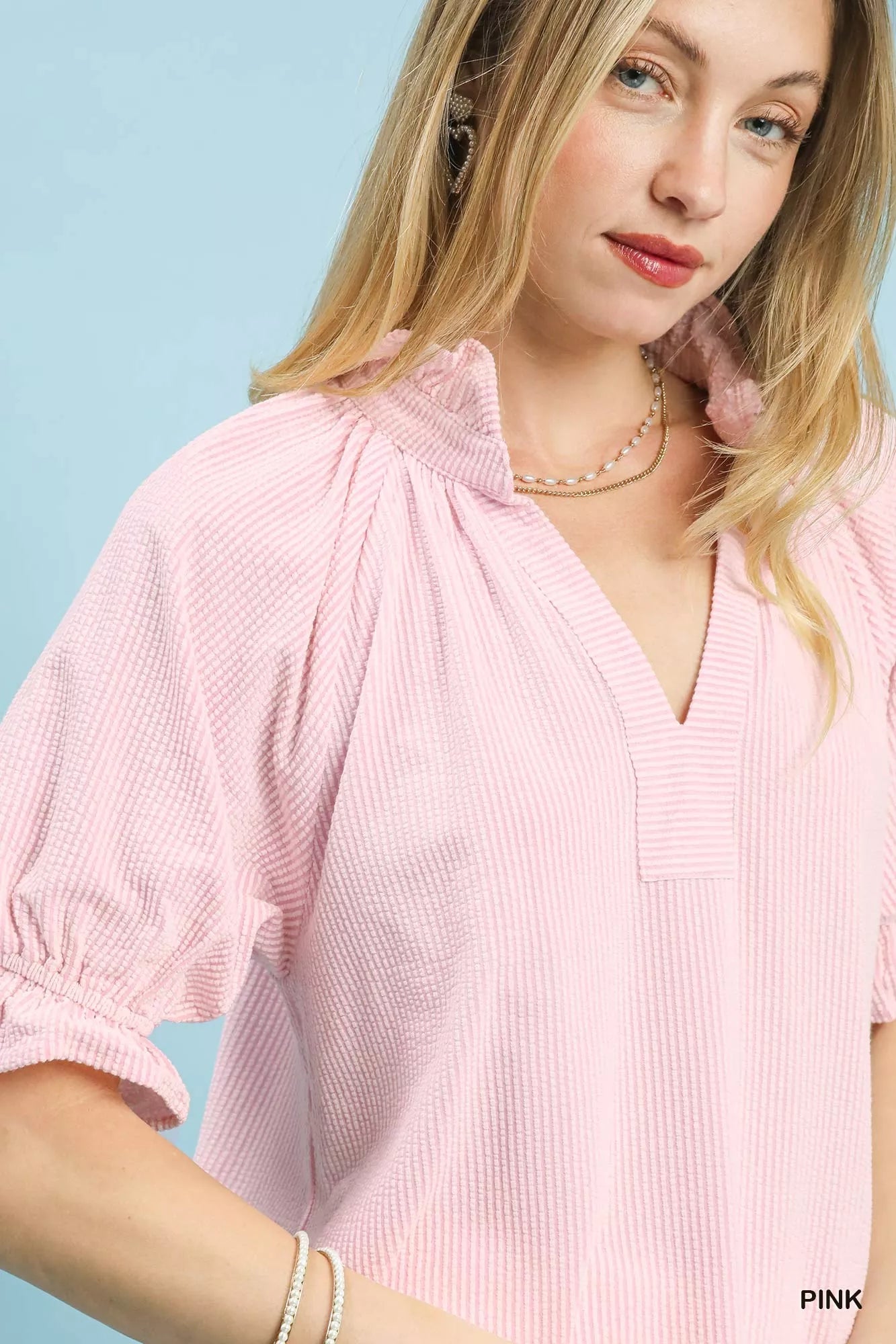 Umgee Textured Ruffle Sleeve V - Neck Top - Bitsy Gypsy Boutique