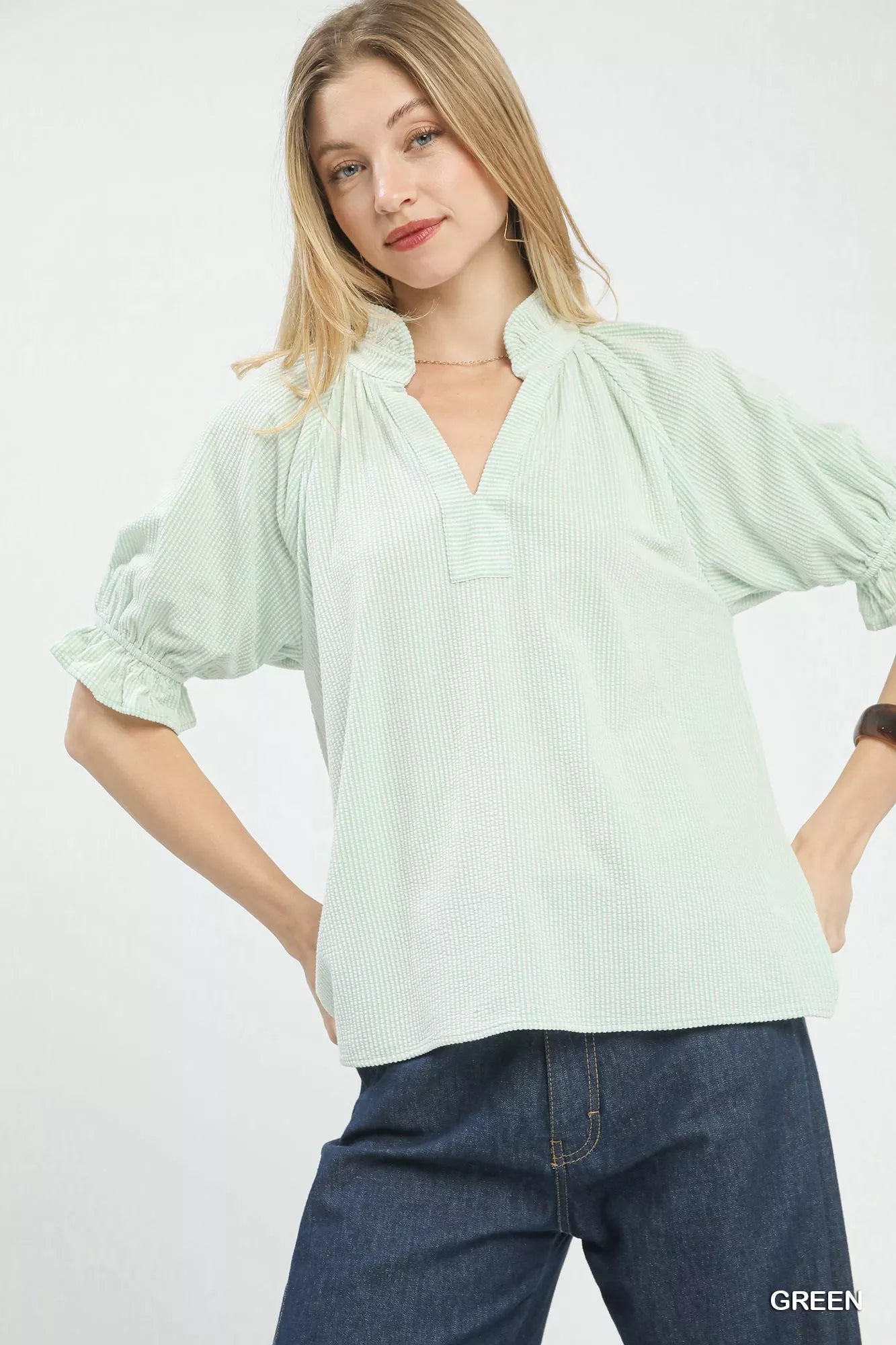Umgee Textured Ruffle Sleeve V - Neck Top - Bitsy Gypsy Boutique