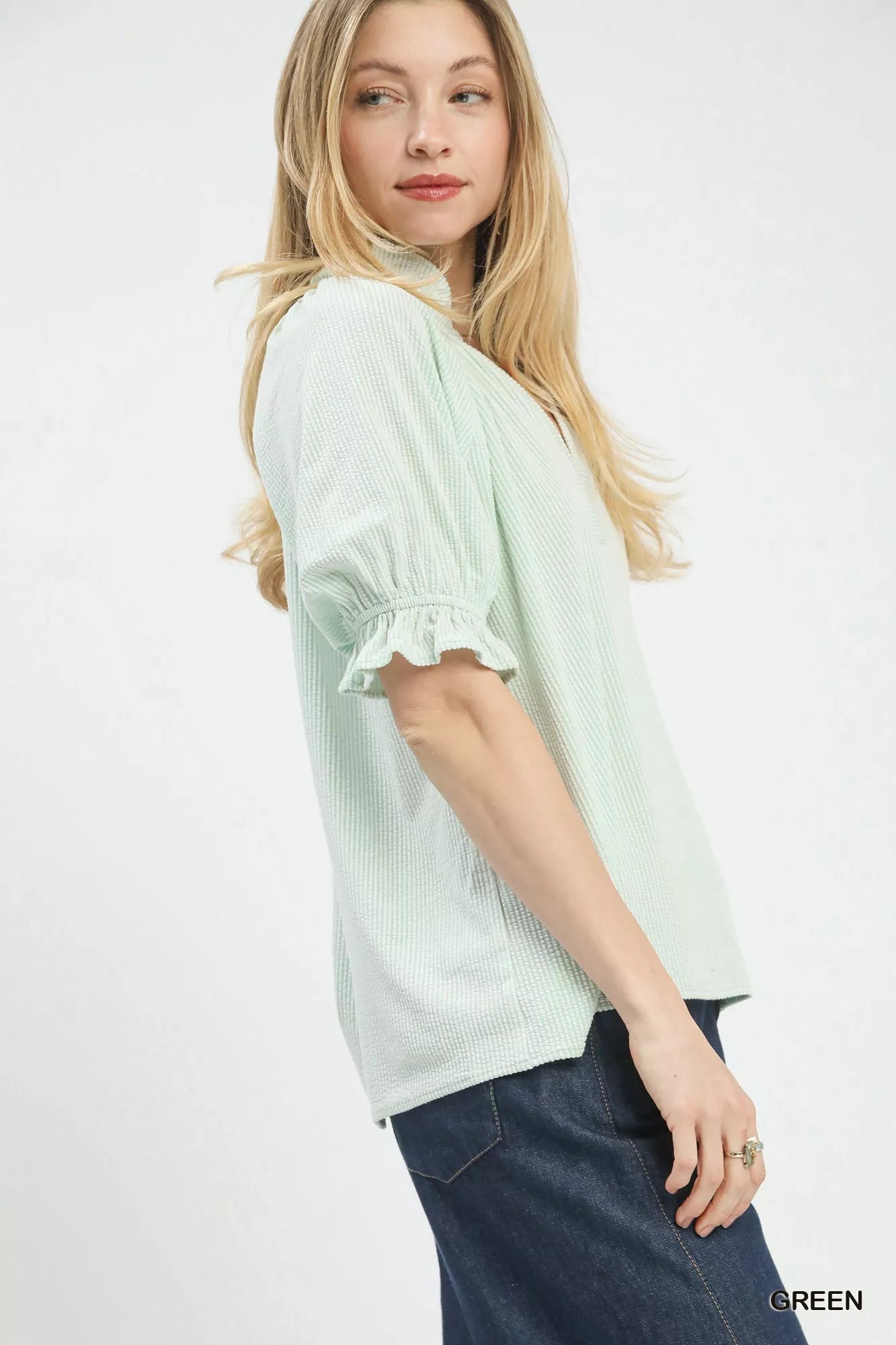 Umgee Textured Ruffle Sleeve V - Neck Top - Bitsy Gypsy Boutique