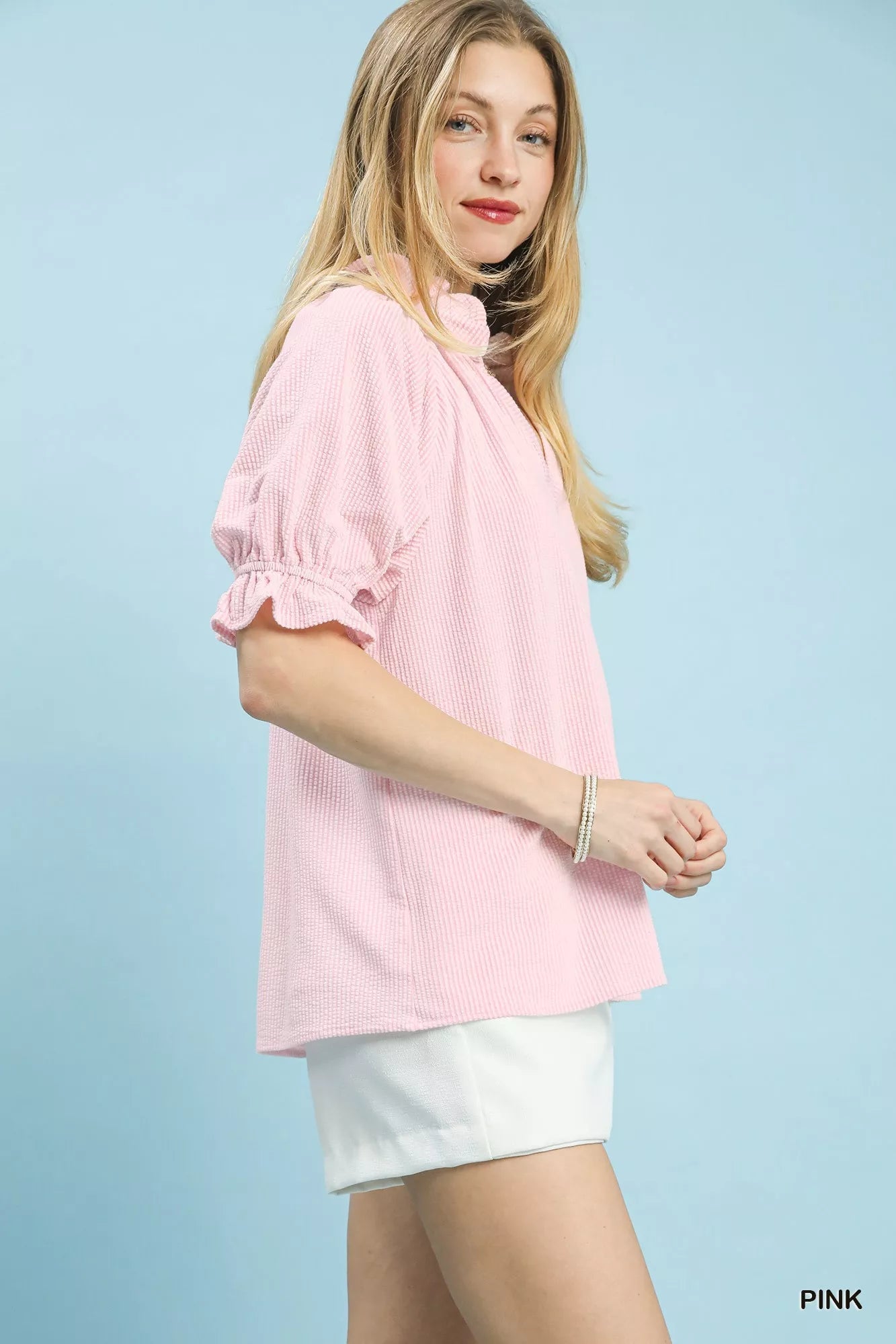 Umgee Textured Ruffle Sleeve V - Neck Top - Bitsy Gypsy Boutique