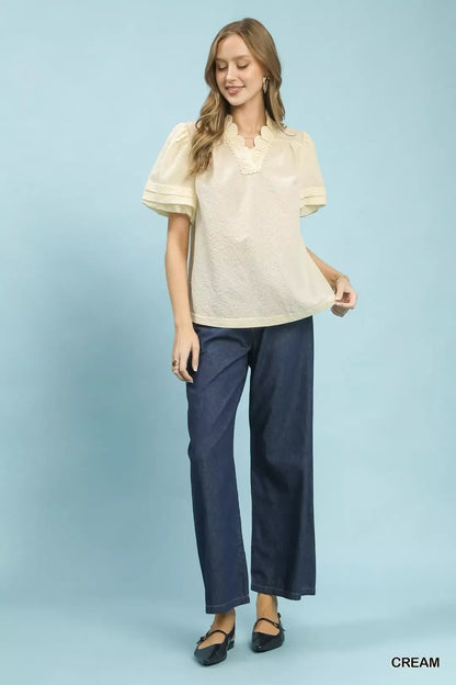 Umgee Textured Scallop Trim Puff Sleeve Blouse - Bitsy Gypsy Boutique