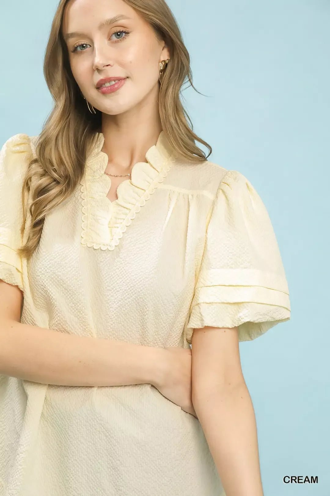 Umgee Textured Scallop Trim Puff Sleeve Blouse - Bitsy Gypsy Boutique