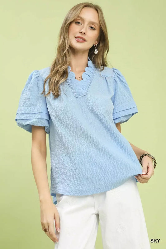 Umgee Textured Scallop Trim Puff Sleeve Blouse - Bitsy Gypsy Boutique