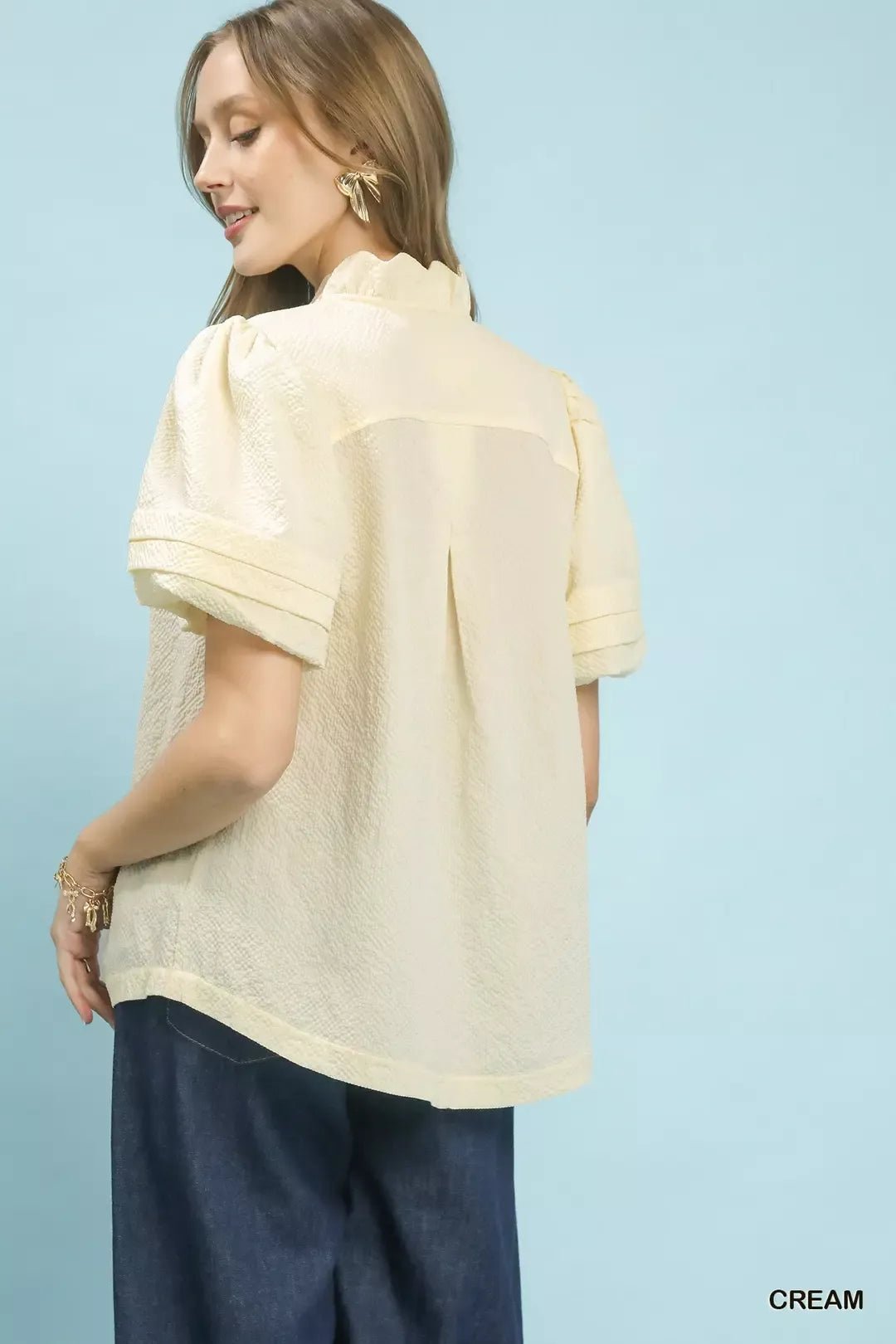 Umgee Textured Scallop Trim Puff Sleeve Blouse - Bitsy Gypsy Boutique