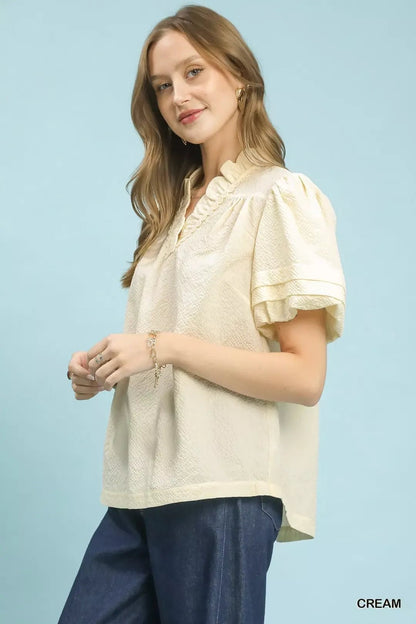 Umgee Textured Scallop Trim Puff Sleeve Blouse - Bitsy Gypsy Boutique