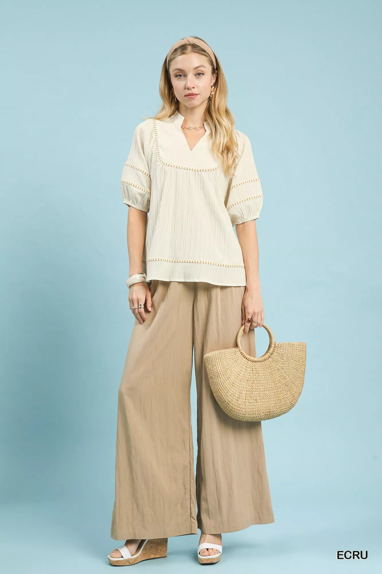 Umgee Textured Short Sleeve Top with Contrast Trim - Bitsy Gypsy Boutique