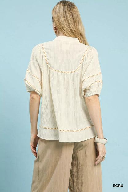 Umgee Textured Short Sleeve Top with Contrast Trim - Bitsy Gypsy Boutique