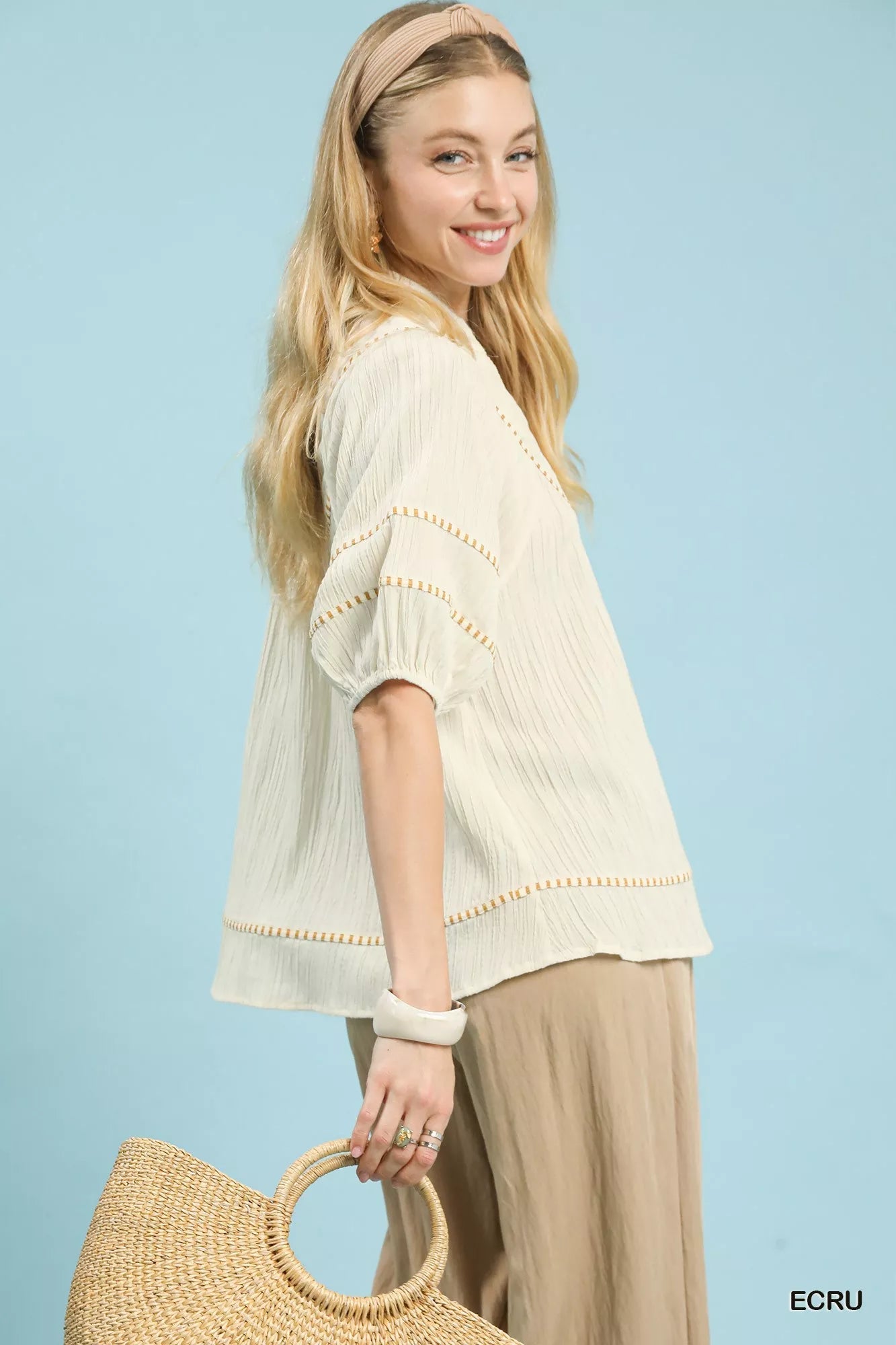 Umgee Textured Short Sleeve Top with Contrast Trim - Bitsy Gypsy Boutique